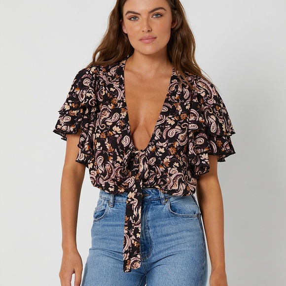 NEW Free People Call Me Later Printed Bodysuit In Black Combo - Picture 1 of 14